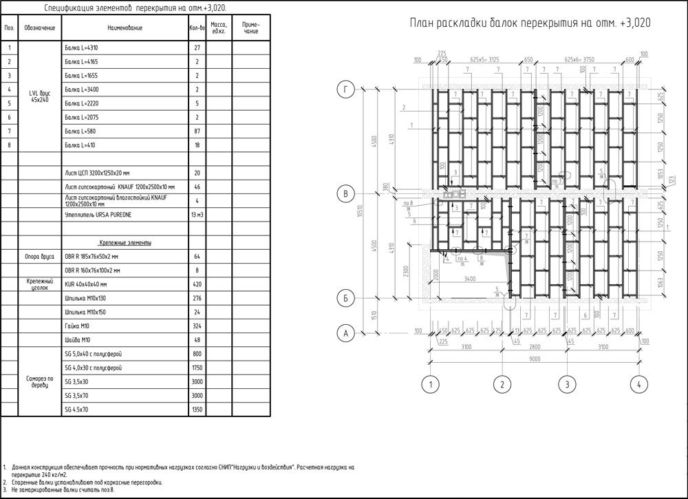 План перекрытий по LVL балкам. Чертеж.