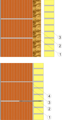  Конструкции трёхслойной кладки в варианте применения керамических блоков Porotherm 38, на втором рисунке, как альтернатива показана конструкция стены из керамическиих поризованных блоков 11,1 нф СуперТермо 