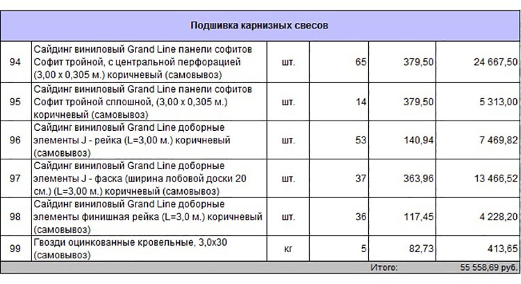 Смета-спецификация на проект дома 59-52