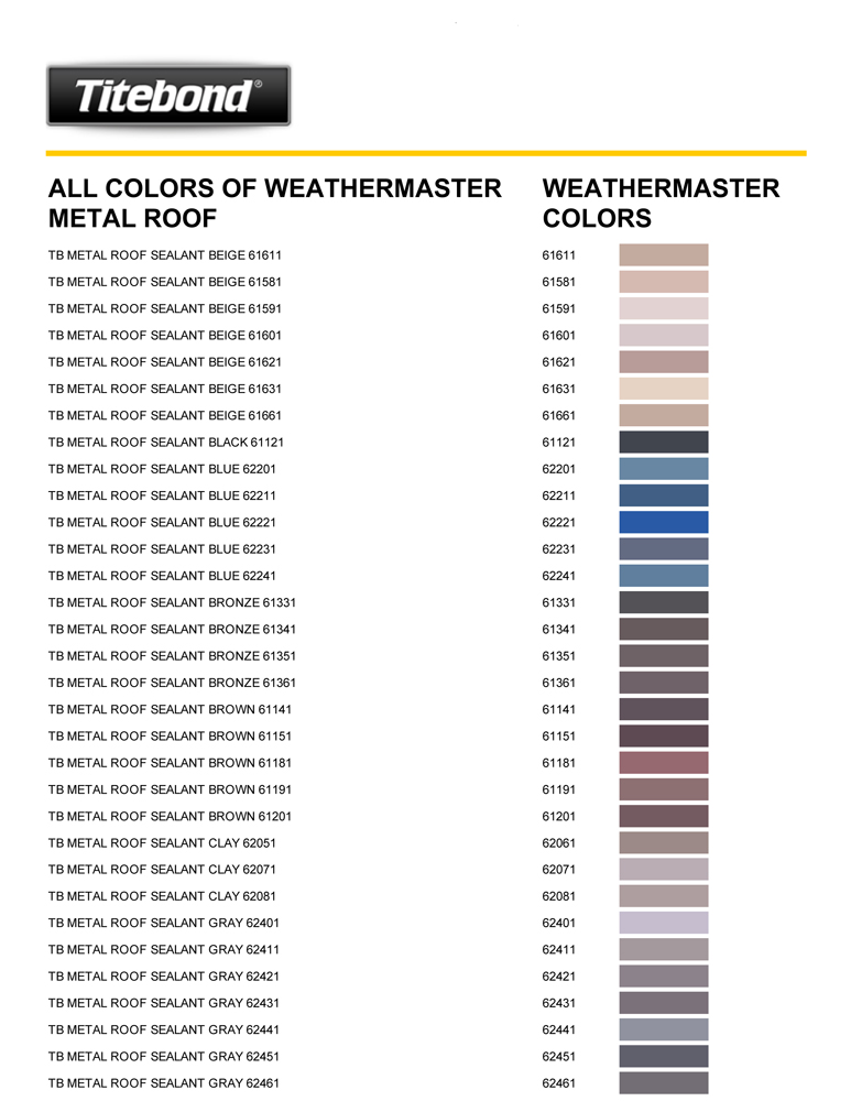 Карта цветов герметика Titebond WeatherMaster