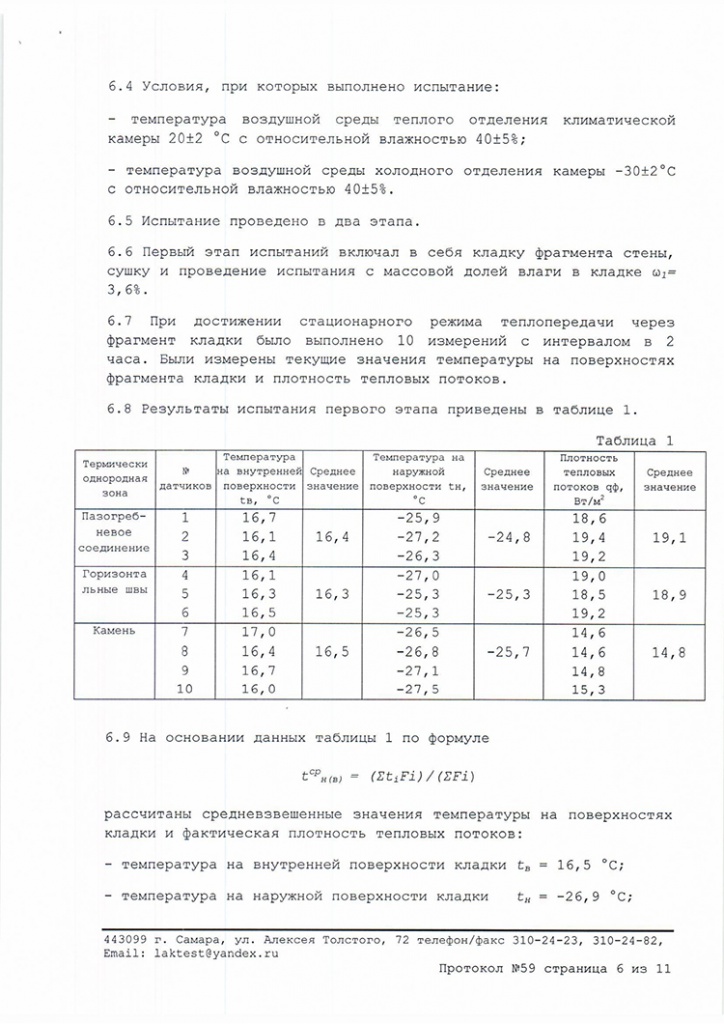 протокол испытаний на теплопроводность кладки из керамических блоков Кайман30 лист 6