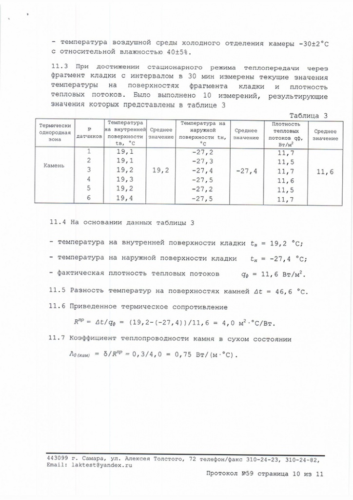 протокол испытаний на теплопроводность кладки из керамических блоков Кайман30 лист 10